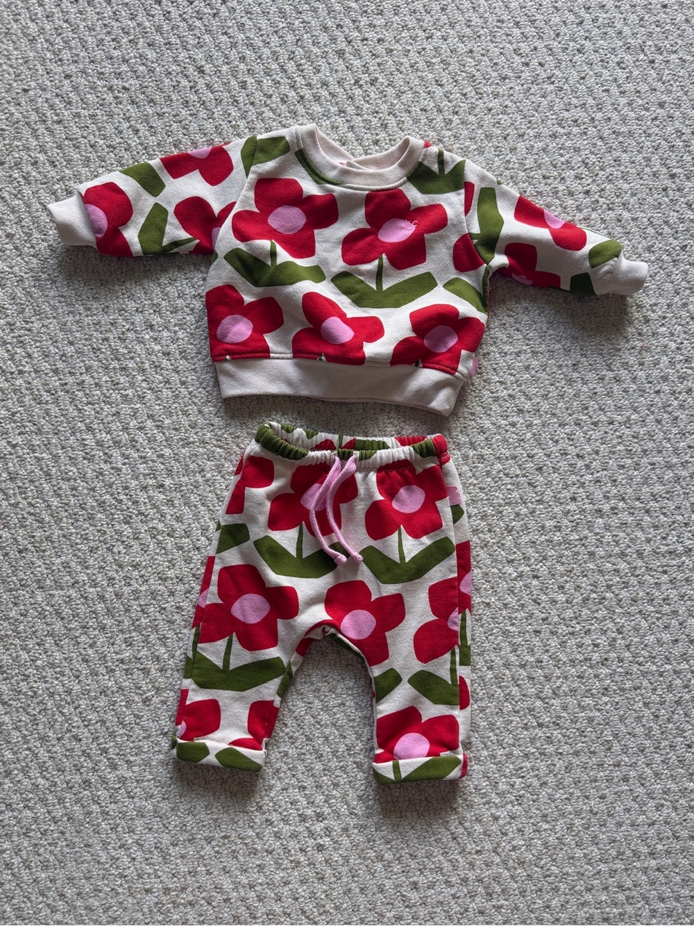 Mon Coeur - Baby Floral Sweatshirt & Jogger Set - Red, Pink & Green Flowers